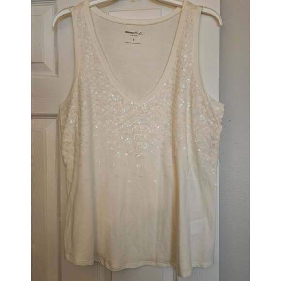 Express Tops - NWT Express One Eleven White Sequin Embellished V-Neck Tank Top Womens Size L
